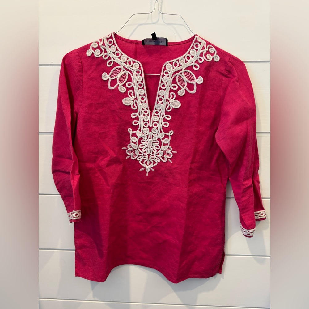 Jones New York Hot Pink Linen Tunic with White Embroidery